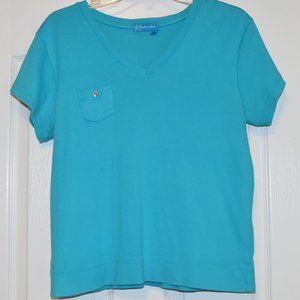 VINTAGE FRESH PRODUCE WOMEN'S AQUA T-SHIRT, FRONT POCKET, SIZE MEDIUM, EUC!